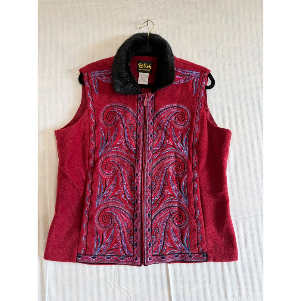 Bob Mackie Wearable Art Red Fleece Vest Faux Fur Collar Paisley Embroidery Large